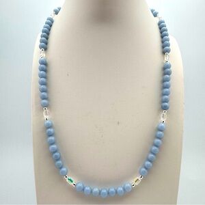 New Angelite Blue Beaded Necklace w Crystal Accents and Adjustable Chain